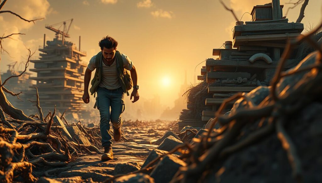 A determined freelancer navigates a rocky path, overcoming obstacles and challenges with grit and resilience. In the foreground, the figure strides purposefully, face set with determination, pushing through a tangle of gnarled roots and branches. The middle ground reveals a cluttered terrain of stacked platforms, each representing a different freelancing opportunity. In the distance, a bright light shines, offering a glimmer of hope and success. The scene is bathed in a warm, golden glow, conveying a sense of perseverance and triumph over adversity. The overall atmosphere radiates a powerful message of overcoming adversity and achieving one's goals, even in the face of daunting challenges.