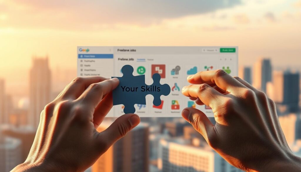 A highly detailed, realistic digital illustration depicting the concept of "matching skills to freelancing platforms". In the foreground, two hands carefully aligning a puzzle piece labeled "Your Skills" with corresponding slots on a freelance platform interface. The middle ground showcases various freelance job categories and icons, hinting at the wide array of opportunities available. The background features a soft, blurred cityscape with a warm, sunset-like color palette, conveying a sense of opportunity and professional growth. The lighting is natural and directional, casting subtle shadows and highlights that accentuate the depth and materiality of the scene. The camera angle is slightly elevated, providing an overview of the composition and creating a sense of thoughtful contemplation.