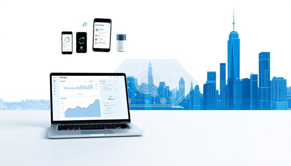 A modern, minimalist rendering of AI-powered affiliate marketing tools. In the foreground, a sleek laptop displaying an analytics dashboard with charts and graphs. Hovering above it, a cluster of smart devices - a smartphone, tablet, and voice assistant - showcasing integrated marketing automation features. The middle ground features a futuristic, holographic interface with customizable automation workflows and campaign management controls. In the background, a stylized cityscape with towering skyscrapers bathed in a cool, blue-tinted lighting, reflecting the technological prowess of the AI-driven affiliate ecosystem. The overall mood is one of efficiency, sophistication, and the seamless integration of artificial intelligence into the modern affiliate marketing landscape.