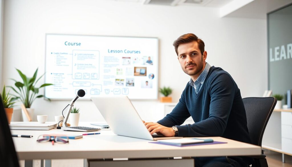 A modern, well-lit office space with a desk, laptop, and various digital learning resources. In the foreground, a person sitting at the desk, actively engaged in creating online course content, with a focused expression. The middle ground features a whiteboard or digital display showing course outlines, lesson plans, and multimedia assets. The background showcases a minimalist, clean design with neutral tones, accentuating the digital nature of the scene. The overall atmosphere conveys a sense of productivity, creativity, and the potential for online course success.