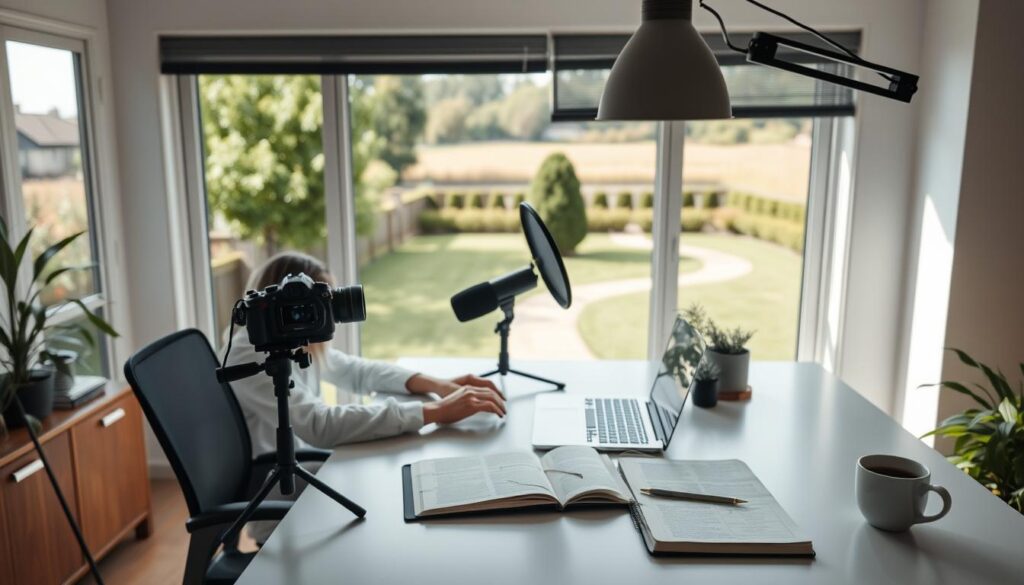 A well-lit home office with a large window overlooking a suburban landscape. In the foreground, a content creator sits at a modern, minimalist desk, typing intently on a laptop. The desktop is adorned with a high-quality camera, a ring light, and a professional microphone, hinting at the various tools of the trade. In the middle ground, an open notebook and a cup of coffee suggest a pause for reflection and planning. The background depicts a lush, green backyard with a winding path leading to a distant treeline, creating a sense of balance and tranquility. The overall atmosphere conveys focus, productivity, and the potential for creativity and monetization in the realm of online content creation.